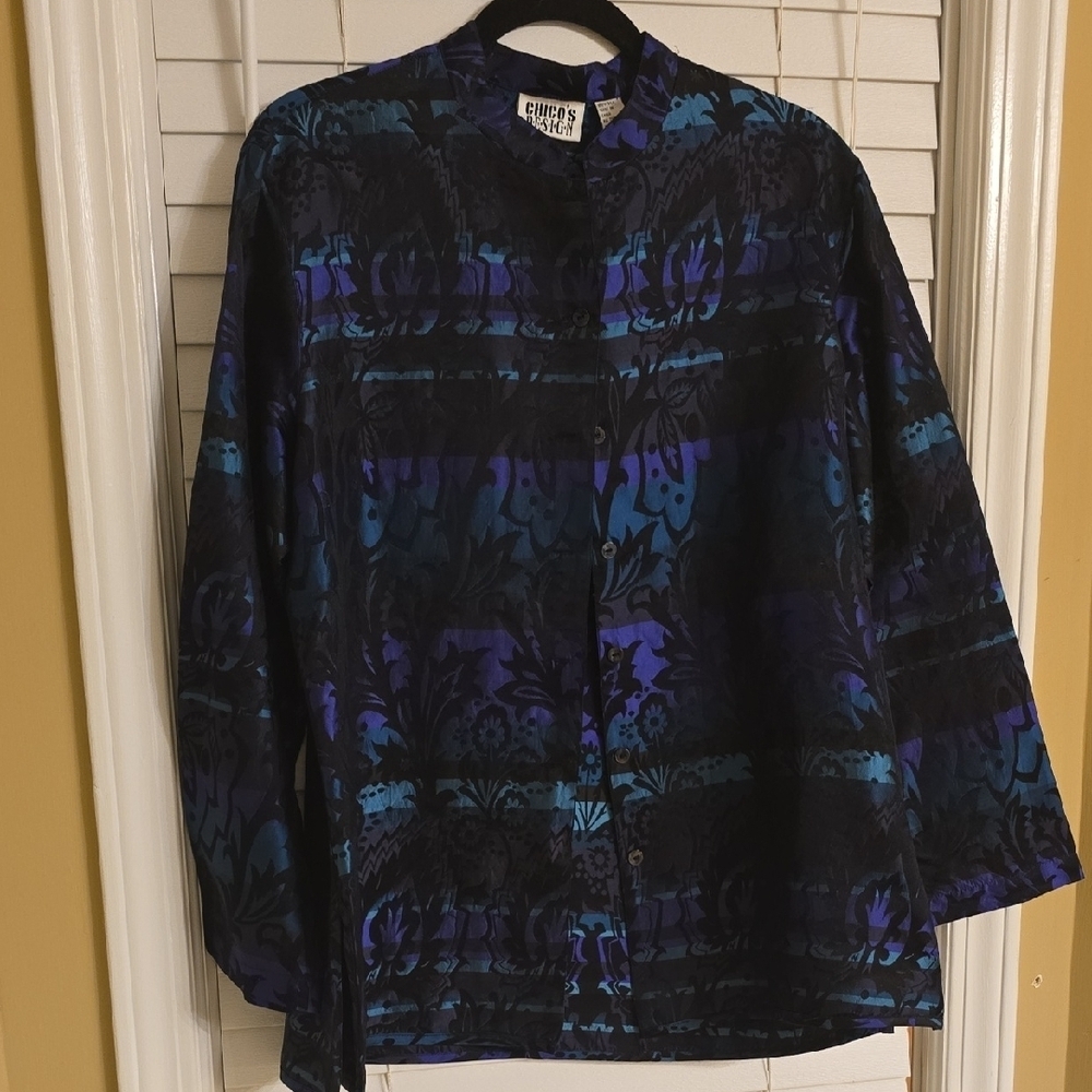 Chico's DESIGN Silk Black and Blue 3/4 Sleeve Button Down Blouse